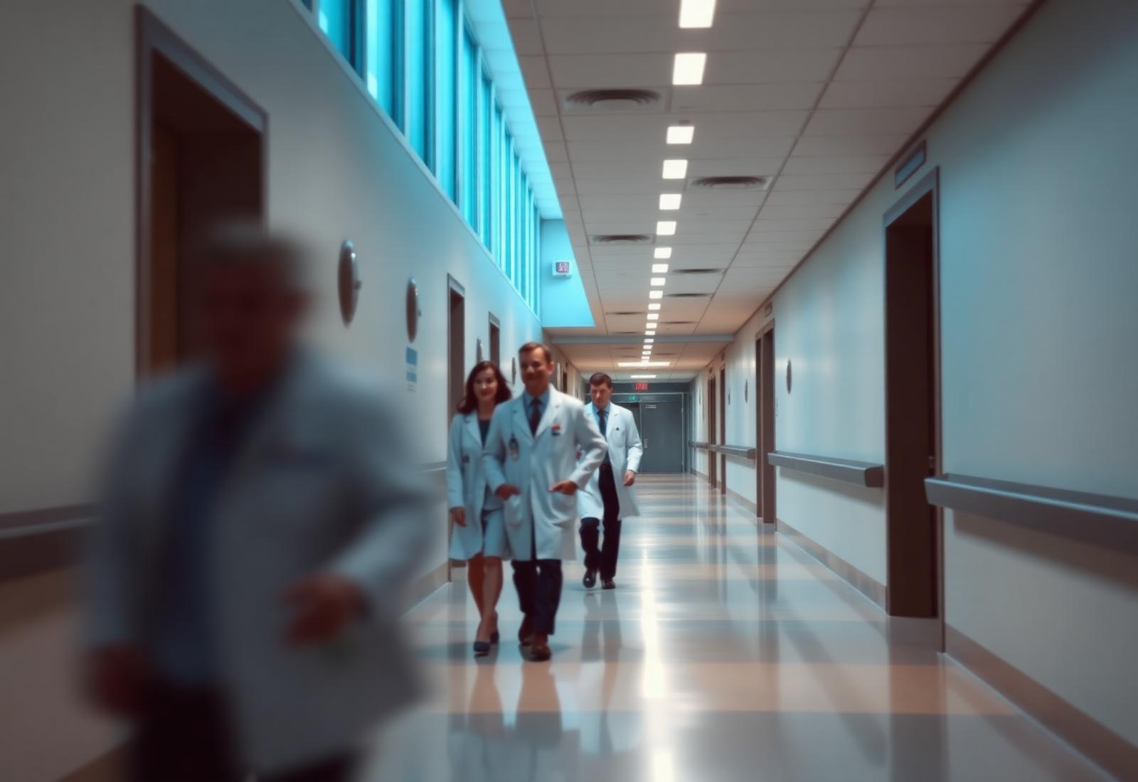 Healthcare professionals walking through a modern hospital corridor